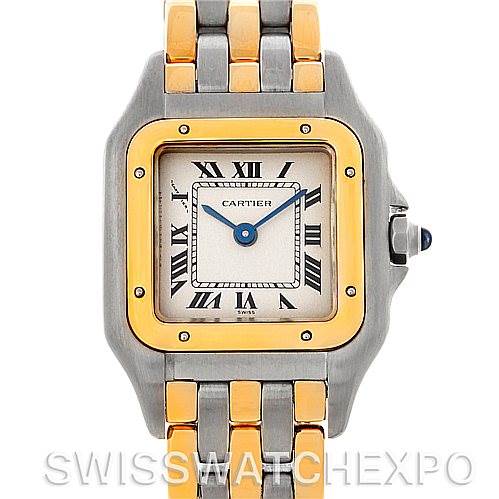 This image shows a frontal view of the Cartier Panthere W25029B6 Women
s Stainless Steel Silver Dial W25029B6 Women
s Stainless Steel Silver Dial model watch, highlighting its face and bracelet.