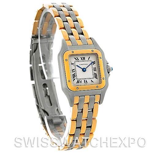 The image shows a Panthere model by Cartier from a side angle, highlighting the face, bezel, strap, and crown.
