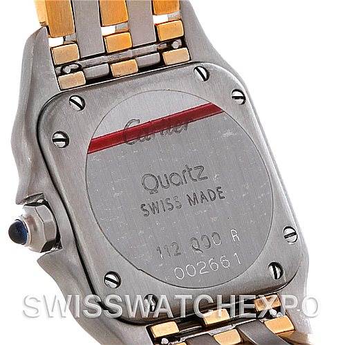 The image shows the back case and bracelet of a Panthère model by Cartier, highlighting its screws and engraving details.