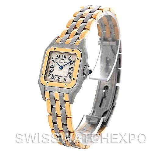 The image shows a Cartier Panthere W25029B6 Women
s Stainless Steel Silver Dial W25029B6 Women
s Stainless Steel Silver Dial watch at a slight left angle, highlighting its two-tone bracelet and square face.