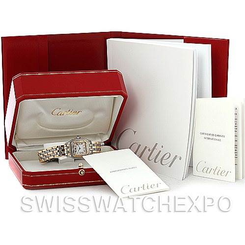 The image shows a Cartier Panthere W25029B6 Women
s Stainless Steel Silver Dial W25029B6 Women
s Stainless Steel Silver Dial watch in its box, accompanied by booklets and a red outer box.