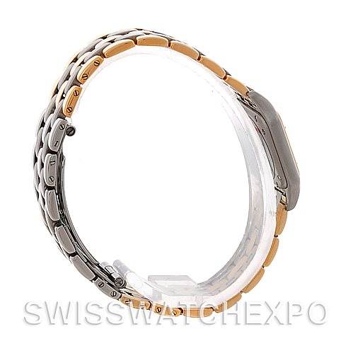 This image shows a side view of the Cartier Panthere W25029B6 Women
s Stainless Steel Silver Dial W25029B6 Women
s Stainless Steel Silver Dial watch, highlighting its two-tone metal bracelet and case.