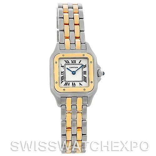 This image shows a front view of a Panthere model by Cartier, displaying the dial, bezel, crown, and two-tone bracelet.