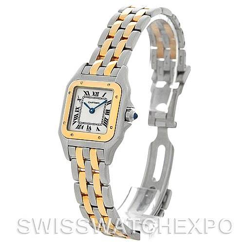 The image shows a Cartier Panthere W25029B6 Women
s Stainless Steel Silver Dial W25029B6 Women
s Stainless Steel Silver Dial watch angled to display the face, bezel, and two-tone bracelet.