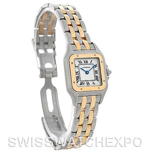 This image shows a side angle of the Cartier Panthere W25029B6 Women
s Stainless Steel Silver Dial W25029B6 Women
s Stainless Steel Silver Dial watch, highlighting its face, bezel, and two-tone bracelet.