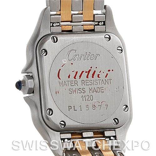 The image shows the back case and part of the bracelet of a Cartier Panthere W25029B6 Women
s Stainless Steel Silver Dial W25029B6 Women
s Stainless Steel Silver Dial watch.