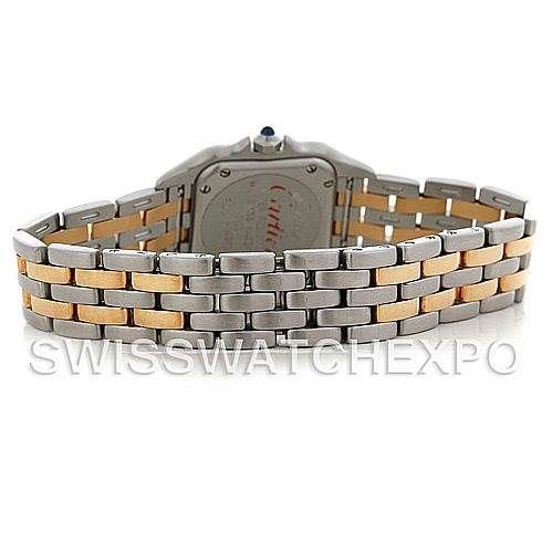 The image shows the back view of a Cartier Panthere W25029B6 Women
s Stainless Steel Silver Dial W25029B6 Women
s Stainless Steel Silver Dial watch, highlighting the case back and two-tone bracelet.