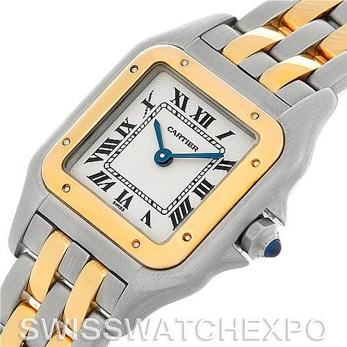 The image shows a close-up of the Cartier Panthère watch, highlighting its square dial, gold bezel, and two-tone bracelet.