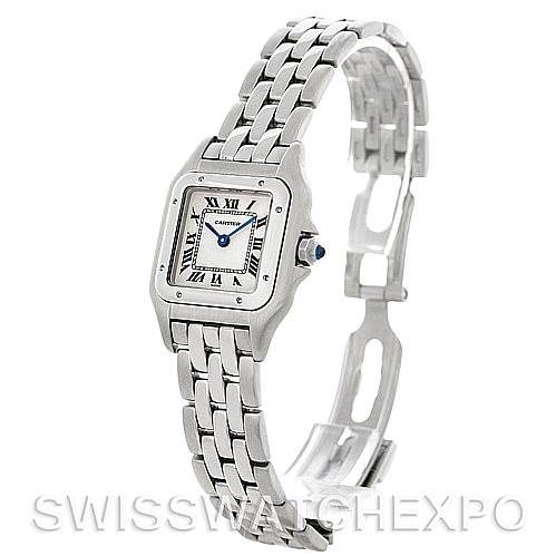 The image shows a Panthere de Cartier watch at a three-quarter angle, highlighting its face, bracelet, and clasp.