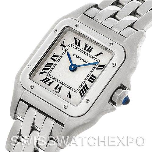 This image shows a close-up, angled view of the Cartier Panthere W25033P5 Women
s Stainless Steel Silver Dial W25033P5 Women
s Stainless Steel Silver Dial model watch, highlighting its dial, bezel, and bracelet.