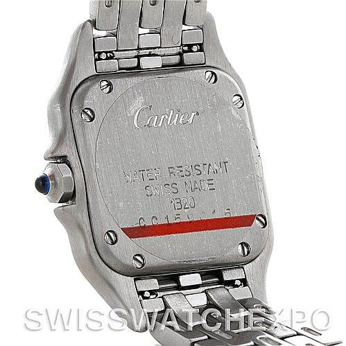 The image shows the back case and bracelet of a Cartier Panthère watch, highlighting branding and water resistance details.