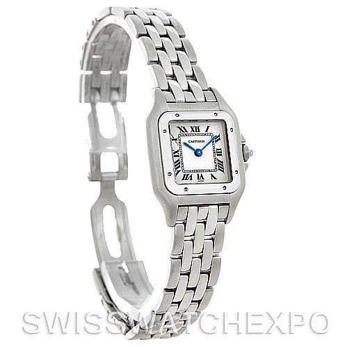 The Cartier Panthere W25033P5 Women
s Stainless Steel Silver Dial W25033P5 Women
s Stainless Steel Silver Dial watch is shown at an angled view, highlighting its square face, linked bracelet, and clasp.