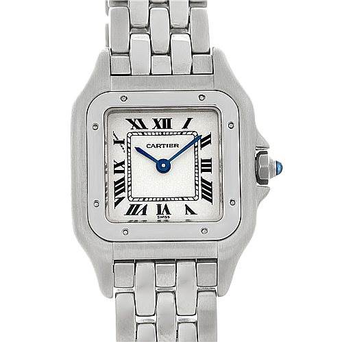 This image shows a front view of the face and a portion of the bracelet of the Cartier Panthere W25033P5 Women
s Stainless Steel Silver Dial W25033P5 Women
s Stainless Steel Silver Dial watch.