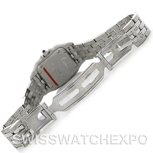 This image shows the back and bracelet of a Cartier Panthère watch, highlighting its deployment clasp and links.