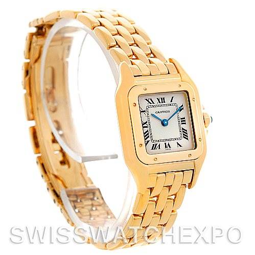 The image shows a side and front angle of the Cartier Panthere W25022B9 Women's Yellow Gold Silver Dial W25022B9 Women's Yellow Gold Silver Dial watch, highlighting its gold bracelet and square face with Roman numerals.