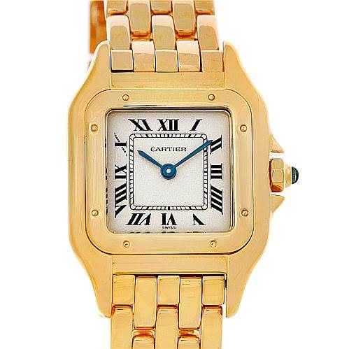 The image shows a front view of the Panthère de Cartier watch, highlighting its gold case, bracelet, and Roman numeral dial.