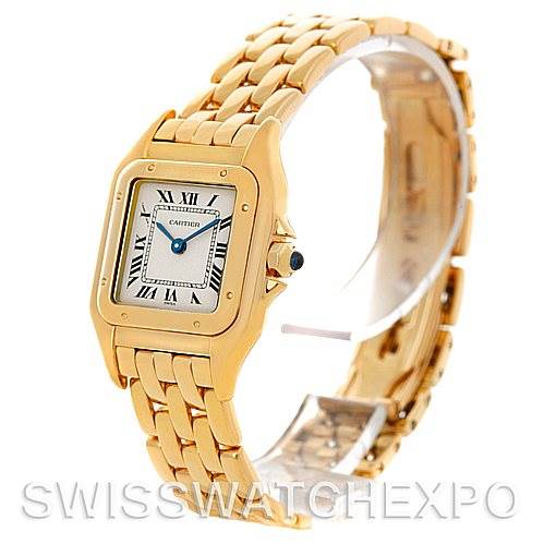 The image shows a Cartier Panthere W25022B9 Women's Yellow Gold Silver Dial W25022B9 Women's Yellow Gold Silver Dial watch angled to display its face, Roman numerals, and gold link bracelet.
