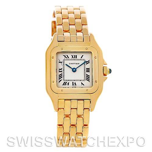 This image shows a frontal view of the Cartier Panthere W25022B9 Women's Yellow Gold Silver Dial W25022B9 Women's Yellow Gold Silver Dial model watch, highlighting its gold case, bracelet, and Roman numeral dial.