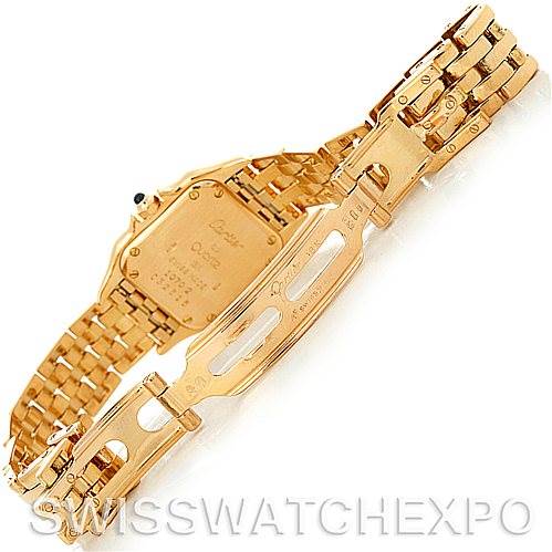 The image shows the back of a Cartier Panthere W25022B9 Women's Yellow Gold Silver Dial W25022B9 Women's Yellow Gold Silver Dial watch, focusing on the bracelet and the clasp mechanism.