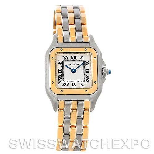 This image shows a front view of a Cartier Panthere W25029B6 Women
s Stainless Steel Silver Dial W25029B6 Women
s Stainless Steel Silver Dial watch, highlighting its two-tone bracelet, square face, and Roman numeral indices.