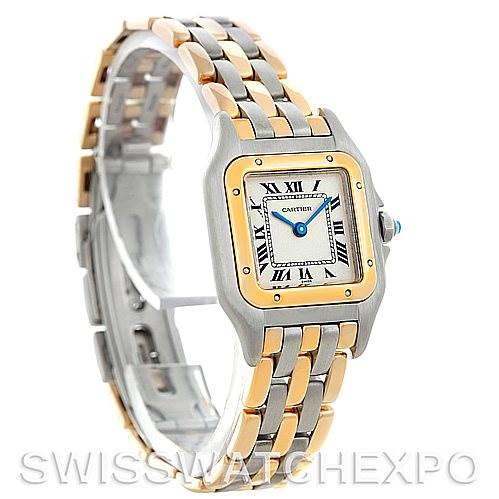 The image shows a side angle of a two-tone Cartier Panthere W25029B6 Women
s Stainless Steel Silver Dial W25029B6 Women
s Stainless Steel Silver Dial watch, featuring its square face, Roman numerals, and linked bracelet.
