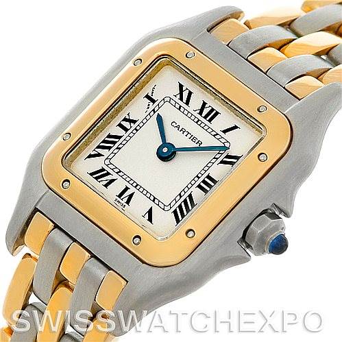 This image shows a close-up view of the Panthere de Cartier watch face, bezel, and part of its two-tone bracelet.