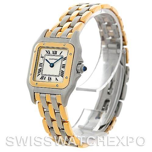 This image shows a Cartier Panthere W25029B6 Women
s Stainless Steel Silver Dial W25029B6 Women
s Stainless Steel Silver Dial watch from a three-quarter angle, highlighting its face, bezel, and bracelet.