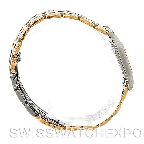 This image shows the profile view of a Cartier Panthere W25029B6 Women
s Stainless Steel Silver Dial W25029B6 Women
s Stainless Steel Silver Dial watch, highlighting the two-tone bracelet and side of the watch case.