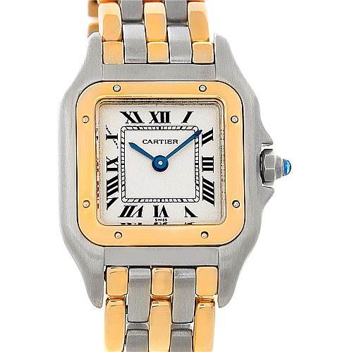 The image shows a front view of a Cartier Panthere W25029B6 Women
s Stainless Steel Silver Dial W25029B6 Women
s Stainless Steel Silver Dial watch, highlighting the face, bezel, and two-tone strap.