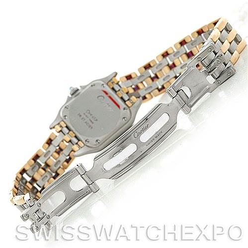 This image shows the back case and clasp of a Cartier Panthere W25029B6 Women
s Stainless Steel Silver Dial W25029B6 Women
s Stainless Steel Silver Dial watch, highlighting its two-tone bracelet and deployment clasp.