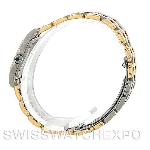 The side view of the Cartier Panthere W25029B6 Women
s Stainless Steel Silver Dial W25029B6 Women
s Stainless Steel Silver Dial watch highlights its two-tone bracelet and crown.