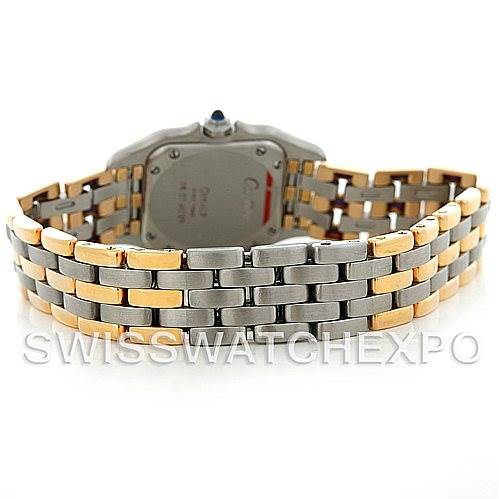 The image shows the back view of a Cartier Panthere W25029B6 Women
s Stainless Steel Silver Dial W25029B6 Women
s Stainless Steel Silver Dial watch, highlighting its two-tone metal bracelet and the watch
s case back.