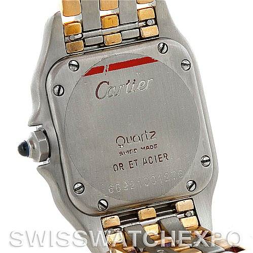 The image shows the back view of a Cartier Panthere W25029B6 Women
s Stainless Steel Silver Dial W25029B6 Women
s Stainless Steel Silver Dial watch, highlighting its case back, screws, bracelet, and crown.
