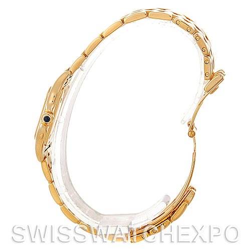 This side view shows the gold bracelet and case of the Panthère watch by Cartier.