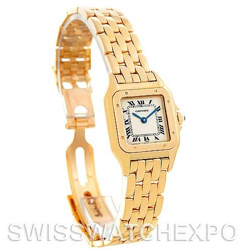 The image shows a front angled view of the Cartier Panthere W25022B9 Women
s Yellow Gold Silver Dial W25022B9 Women
s Yellow Gold Silver Dial watch, highlighting its gold bracelet and square face.