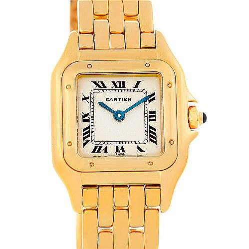 The image shows a front view of the Cartier Panthere watch, displaying its gold case, bracelet, Roman numerals, and blue hands.