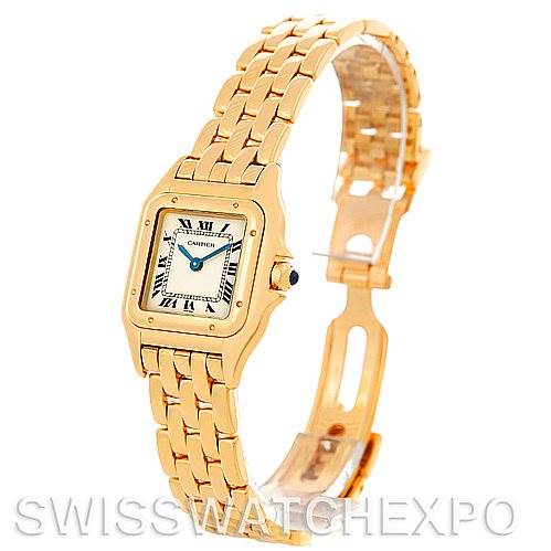 This image shows a Panthere model Cartier watch angled to display the face, bezel, bracelet, and clasp.