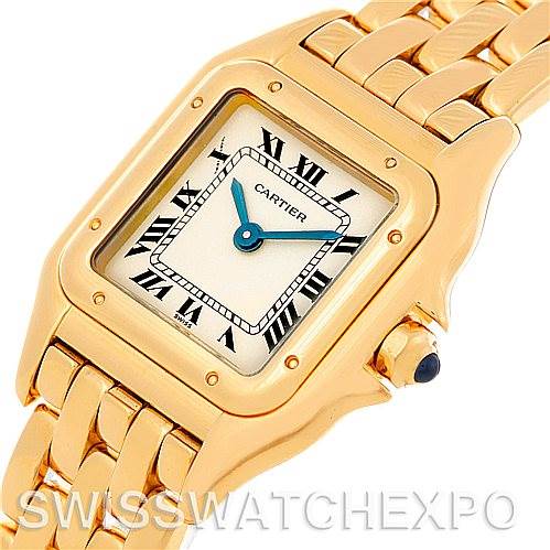 This image shows a close-up of the Cartier Panthere W25022B9 Women
s Yellow Gold Silver Dial W25022B9 Women
s Yellow Gold Silver Dial watch, highlighting its gold bracelet, rectangular dial, Roman numerals, and blue hands.