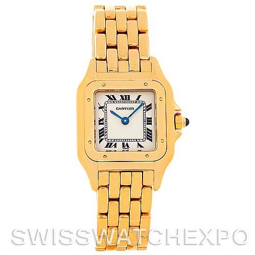 This image shows a front view of the Cartier Panthere W25022B9 Women
s Yellow Gold Silver Dial W25022B9 Women
s Yellow Gold Silver Dial watch, highlighting its square dial, roman numerals, gold case, and bracelet.