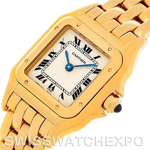 The image shows a close-up, angled view of the Cartier Panthere W25022B9 Women
s Yellow Gold Silver Dial W25022B9 Women
s Yellow Gold Silver Dial watch, focusing on its face, dial, and part of the bracelet.
