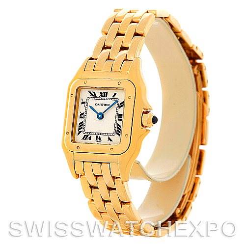 This image shows a Cartier Panthere W25022B9 Women
s Yellow Gold Silver Dial W25022B9 Women
s Yellow Gold Silver Dial model watch at a three-quarter angle, highlighting its square face, gold bracelet, and blue hands.
