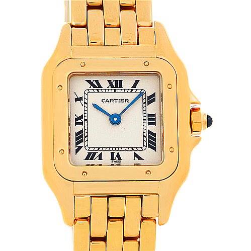 This image shows the front view of a Cartier Panthere W25022B9 Women
s Yellow Gold Silver Dial W25022B9 Women
s Yellow Gold Silver Dial watch, highlighting its square dial, Roman numerals, and gold bracelet.