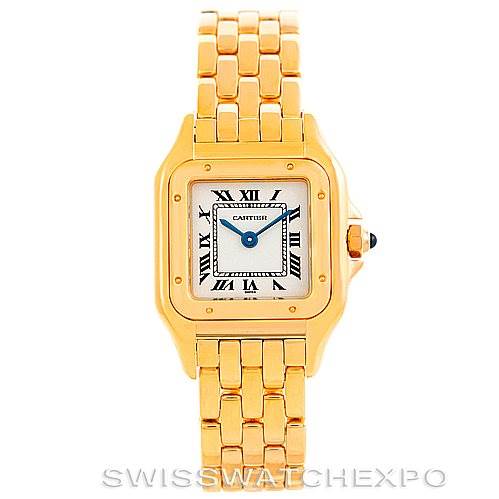 The image shows a front view of a Cartier Panthere W25022B9 Women's Yellow Gold Silver Dial W25022B9 Women's Yellow Gold Silver Dial watch, highlighting its gold bracelet and square dial with Roman numerals.