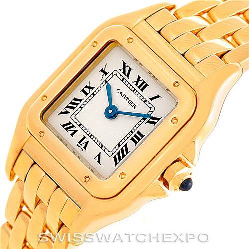 The image shows a close-up angled view of the Panthere model watch by Cartier, highlighting the dial, case, and part of the bracelet.