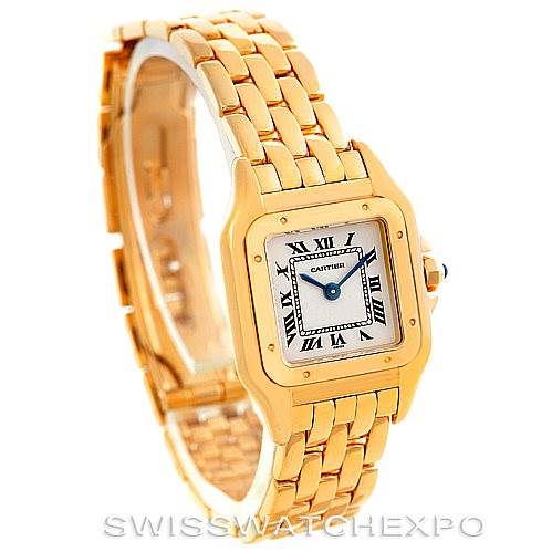 This image shows a Cartier Panthere W25022B9 Women's Yellow Gold Silver Dial W25022B9 Women's Yellow Gold Silver Dial model watch from an angle highlighting the face and golden bracelet.