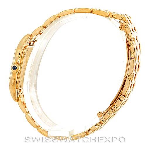 This image shows the side view of the Panthere model watch by Cartier, highlighting its gold bracelet and case.