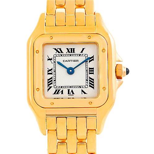 Front angle view of the Cartier Panthere W25022B9 Women's Yellow Gold Silver Dial W25022B9 Women's Yellow Gold Silver Dial watch showing the face, bezel, and part of the bracelet.