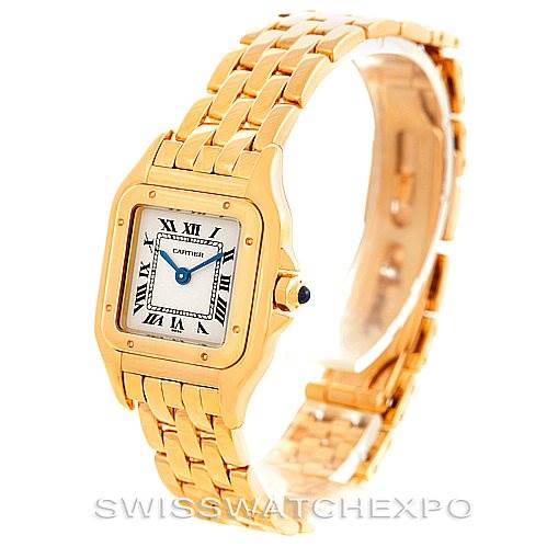 The image shows a Cartier Panthere W25022B9 Women's Yellow Gold Silver Dial W25022B9 Women's Yellow Gold Silver Dial watch at a side angle, highlighting its gold bracelet, square dial, and Roman numeral markers.
