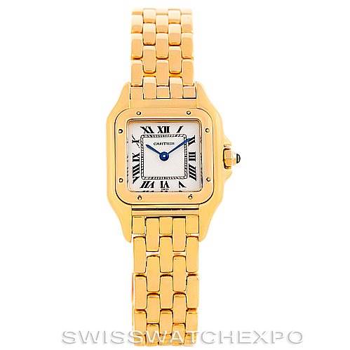 This image shows a frontal view of the Cartier Panthere W25022B9 Women's Yellow Gold Silver Dial W25022B9 Women's Yellow Gold Silver Dial watch, including its face and gold bracelet.