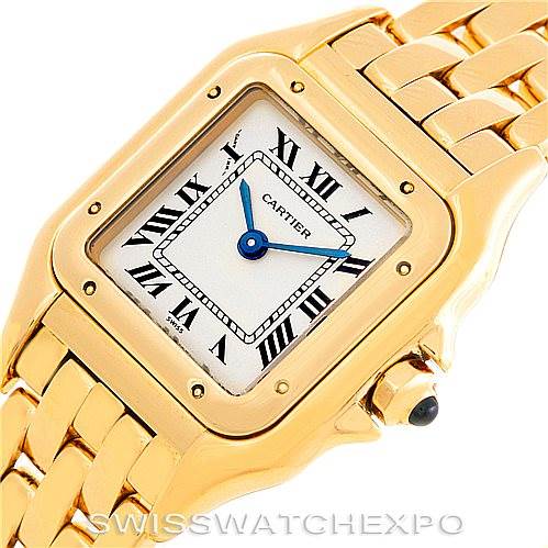 This image shows a close-up of the face and part of the band of a Cartier Panthere W25022B9 Women's Yellow Gold Silver Dial W25022B9 Women's Yellow Gold Silver Dial watch.